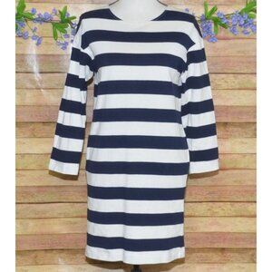 Uniqlo 100% Cotton Blue Stripe Pocket Shift Tunic Dress XS Nautical Beach Pocket